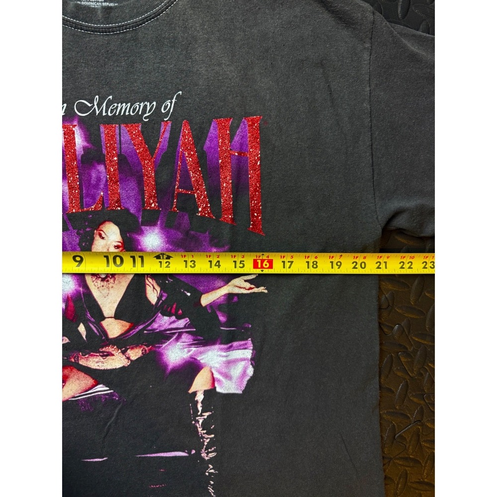 Aaliyah Tribute Graphic Tee Shirt Washed Black Red Glitter Accent Mens Medium - Picture 3 of 6